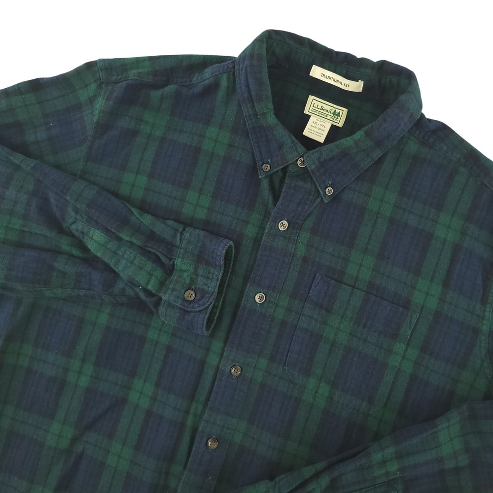 L.L. Bean Flannel Shirt Mens 2XLT Green Plaid Long Sleeve Button Up Cotton